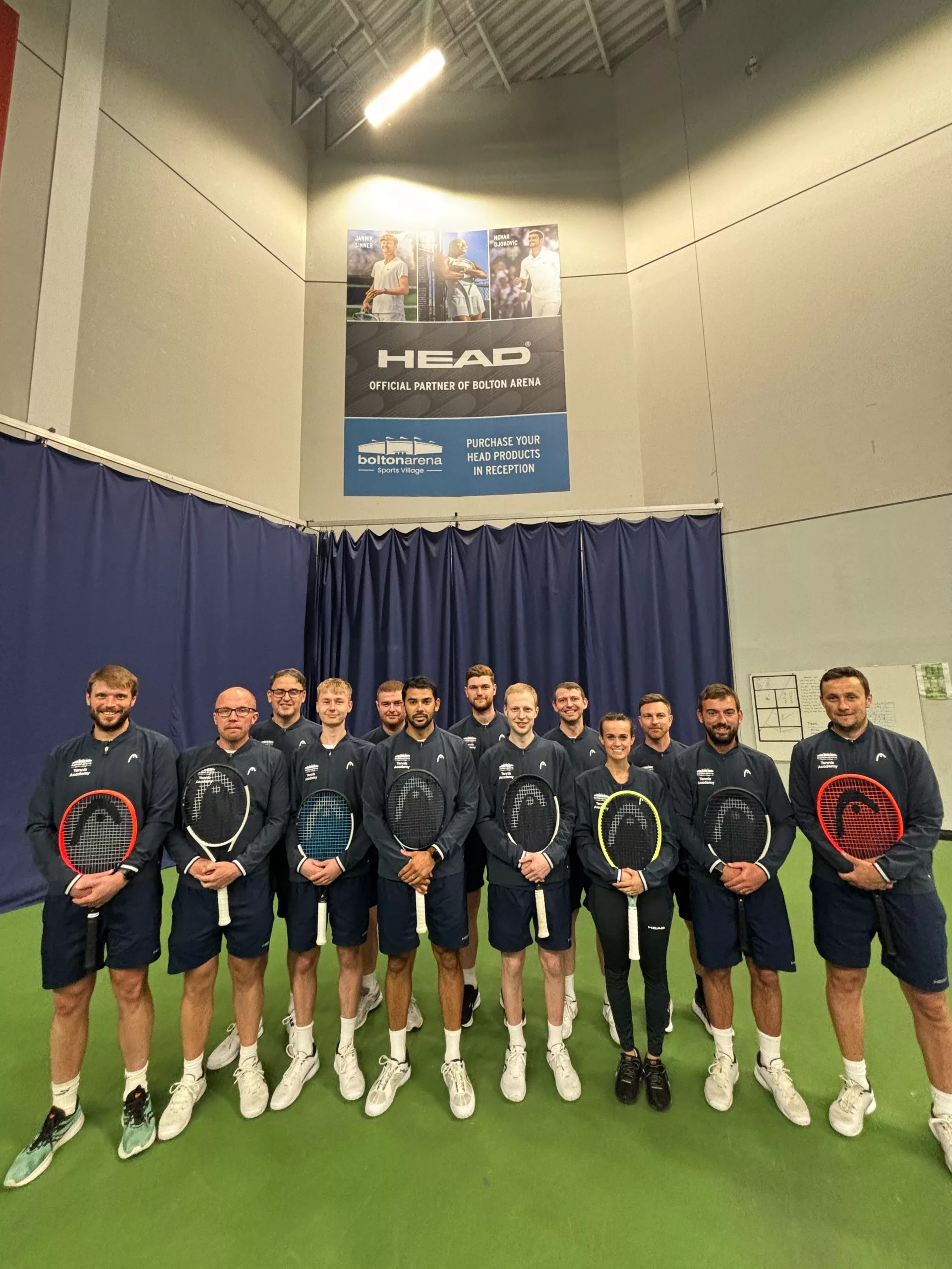 NEW SPONSORSHIP DEAL SECURED WITH 'HEAD', TENNIS ACADEMY THRILLED! 1 Tennis team all holding HEAD Tennis rackets in our tennis courts.